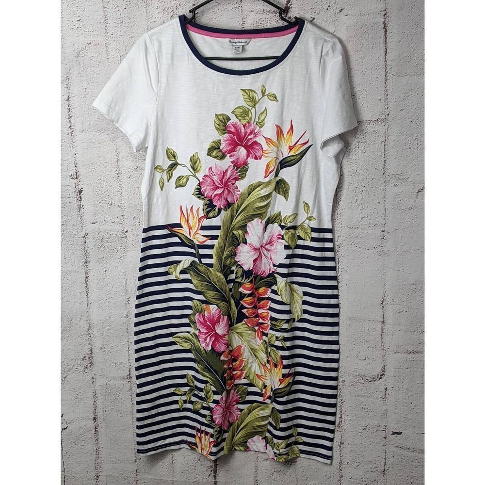 Tommy Bahama White Navy Striped Floral Midi Dress
